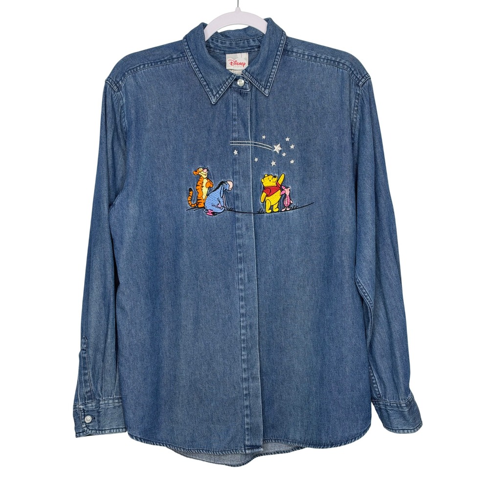 Disney Store Denim Shirt L Blue Winnie Pooh Embroidered Vintage Button Up Top